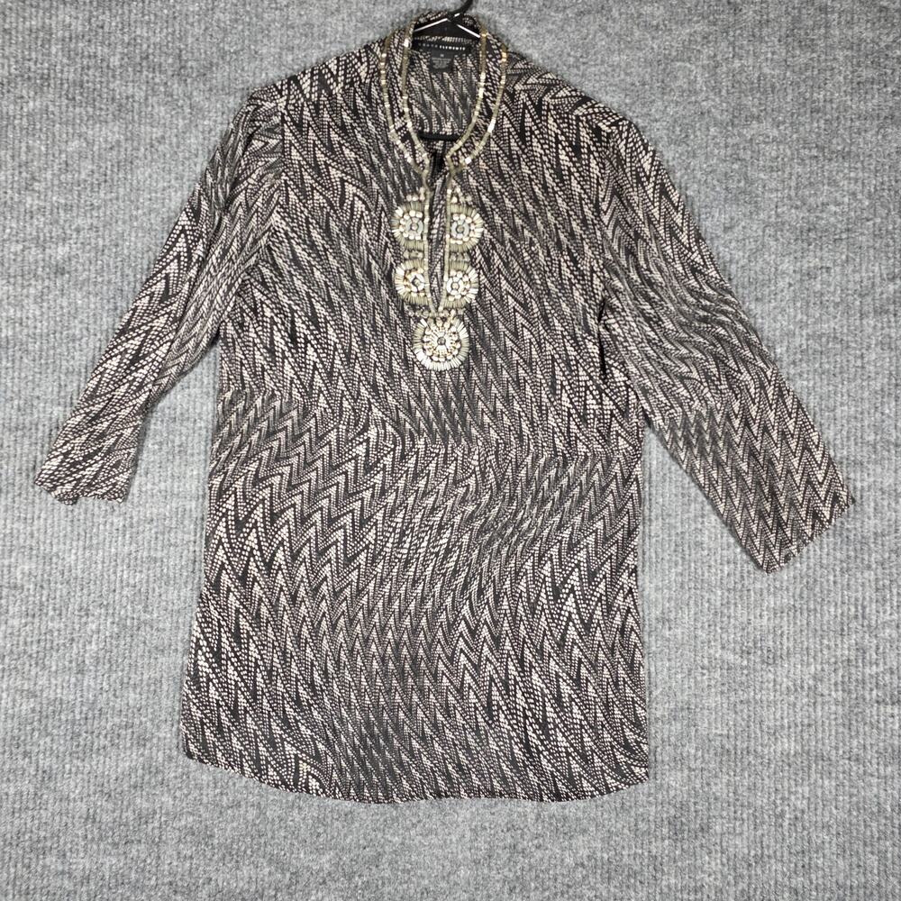 Grace Elements Embellished Tunic Top Womens M Black White 3/4 Sleeve Boho
